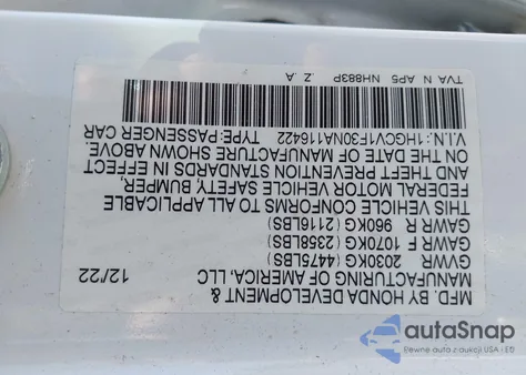 2022 Honda Accord Sport z USA, uszkodzony, nr VIN 1HGCV1F30NA116422